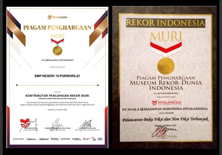 PENGHARGAAN SMP N 19 PURWOREJO SEBAGAI KONTRIBUTOR PENCAPAIAN REKOR MURI